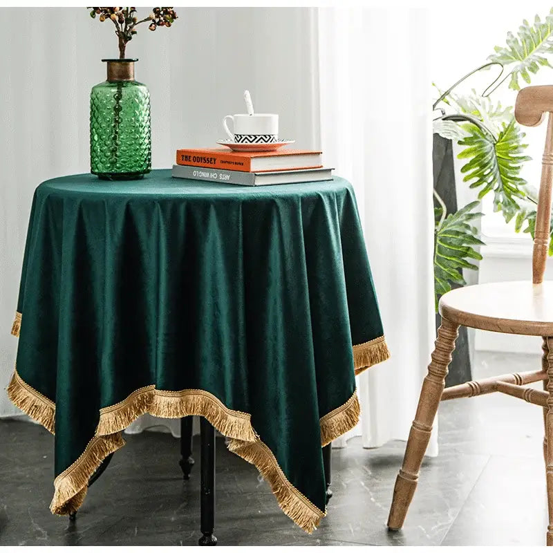Emerald green velvet table cloth with gold fringe trim for american retro gold velvet wedding decorbites gold velvet use