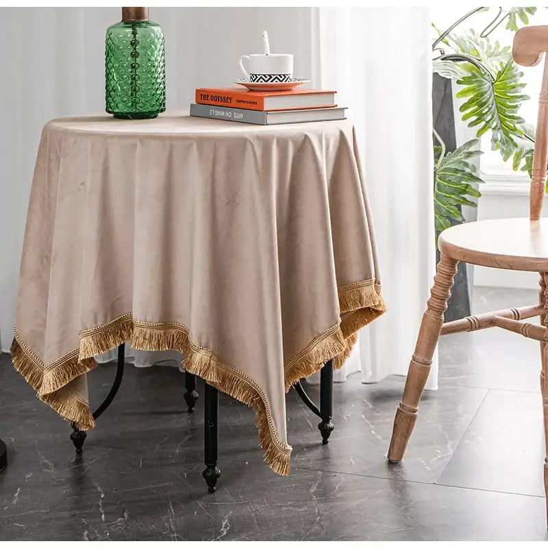 Beige velvet table cloth with gold fringe trim for american retro decorbites gold velvet wedding dining room decor
