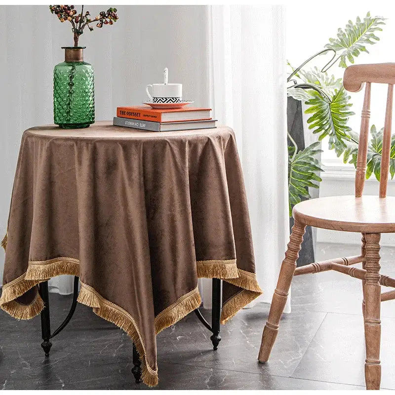 Brown velvet table cloth with gold fringe trim for american retro gold velvet wedding decorbites table cloth use