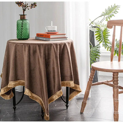 Brown velvet table cloth with gold fringe trim for american retro gold velvet wedding decorbites table cloth use