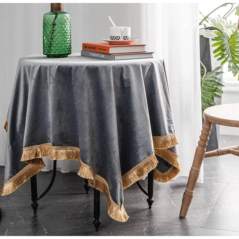 Gray velvet table cloth with gold fringe trim american retro gold velvet table cloth dining room decorbites gold velvet wedding
