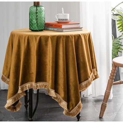 Warm gold velvet table cloth with fringed edges for decorbites gold velvet wedding and dining room decor