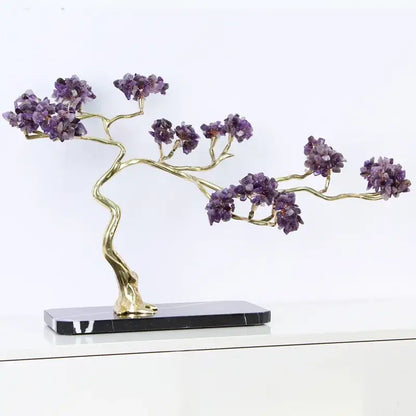 Amethyst and brass decorative sculpture tree with golden branches and purple crystals on black marble base decorbites crystal