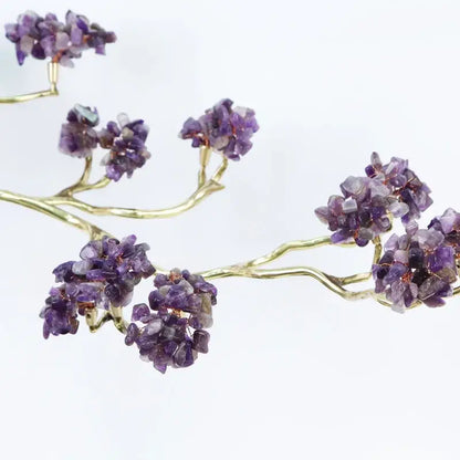 Amethyst and brass decorative sculpture featuring faceted purple stones on a gold wire frame decorbites crystal tree