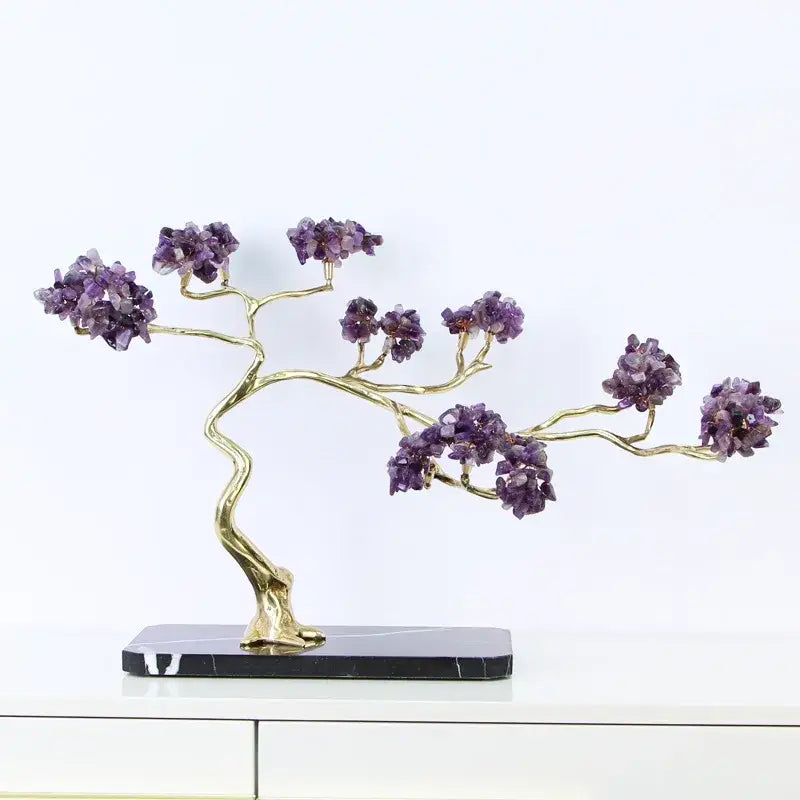 Amethyst and gold metal decorative figurine with brass branches and purple crystals on black marble base for living room decor