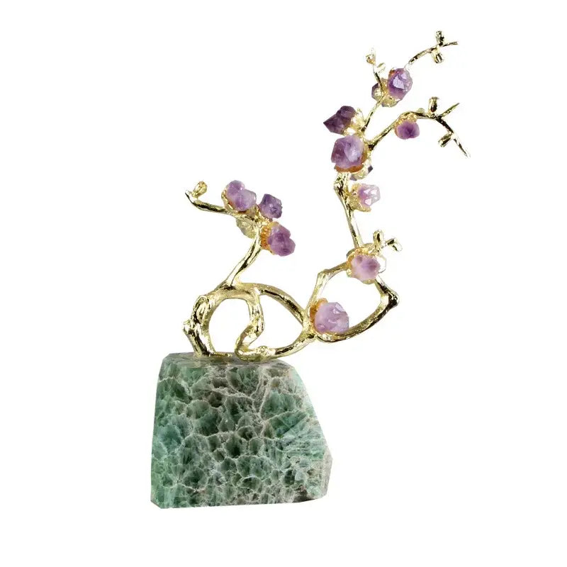 Delicate gold-toned amethyst brass tree ornament with purple faceted blossoms on green aventurine base crystal sculpture