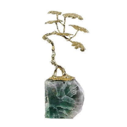 Golden metallic amethyst brass tree ornament with translucent green and white fluorite stone base living room sculpture
