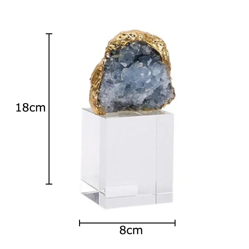 Amethyst crystal base geode set of 3 featuring a striking blue geode with golden exterior on clear acrylic desk ornament