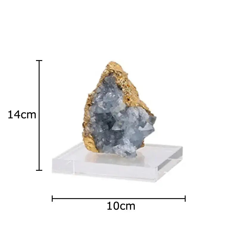 A striking blue-gray amethyst crystal base with golden veining on a clear acrylic stand desk ornament set of 3