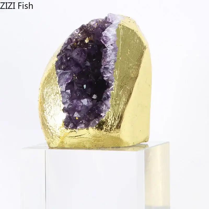 Golden-coated amethyst crystal base geode with vibrant purple interior perfect as a bedroom desk ornament set of 3