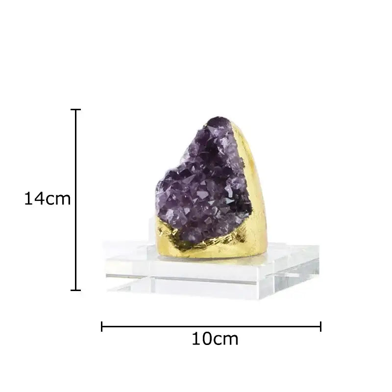 A striking purple amethyst crystal base geode set of 3 on a clear acrylic stand ideal as a desk ornament