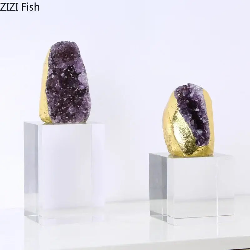 Purple amethyst crystal base geode set of 3 with gold leaf accents on clear stands, ideal as a desk ornament