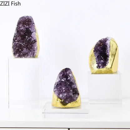 Purple amethyst crystal base geode set of 3 with gold-finished bases displayed on clear acrylic stands as desk ornaments