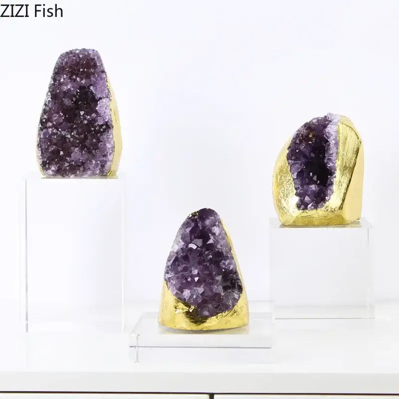 Purple amethyst crystal base geode set of 3 with gold-finished bases displayed on clear acrylic stands as desk ornaments
