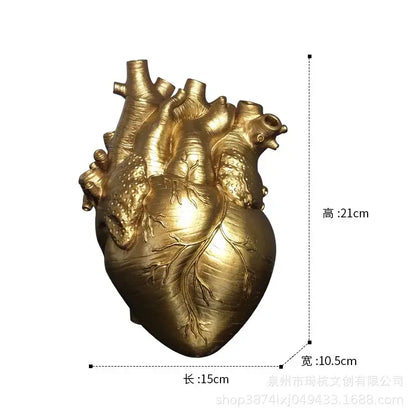 Golden anatomically detailed heart shape resin vase for living room decorbites heart shape decor