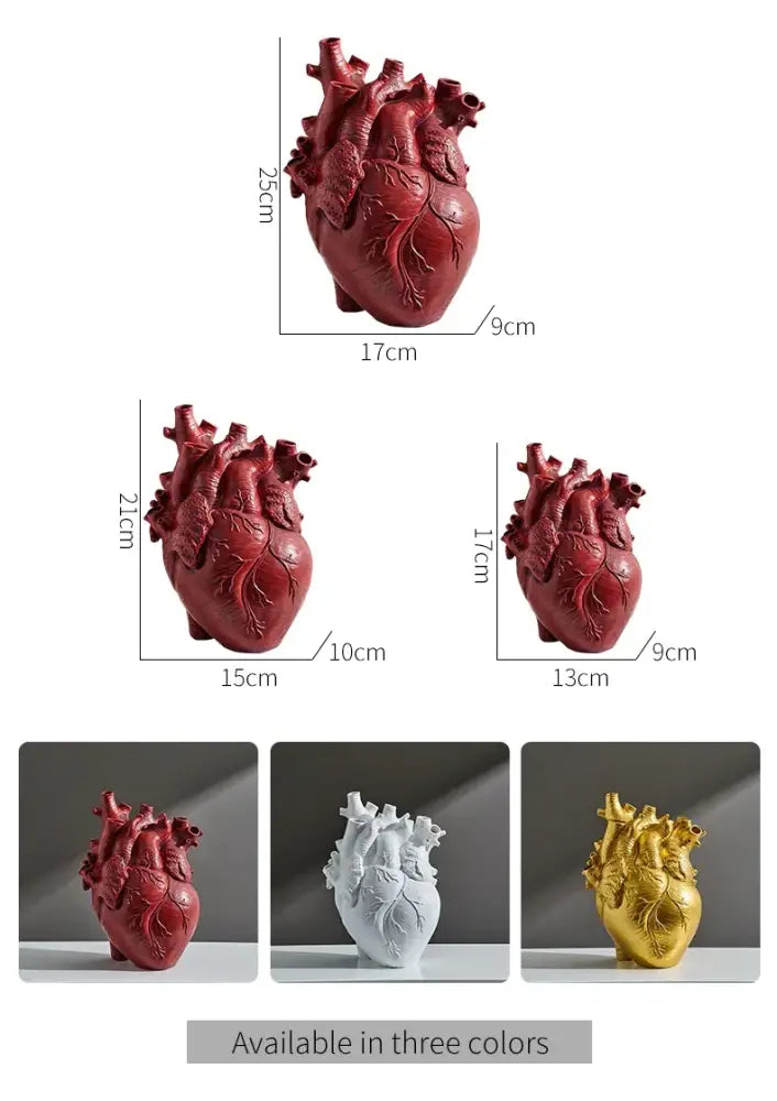Red glossy resin anatomy heart vase in white and gold options by DecorBites™ ideal as a unique Valentine’s Day gift dry pot