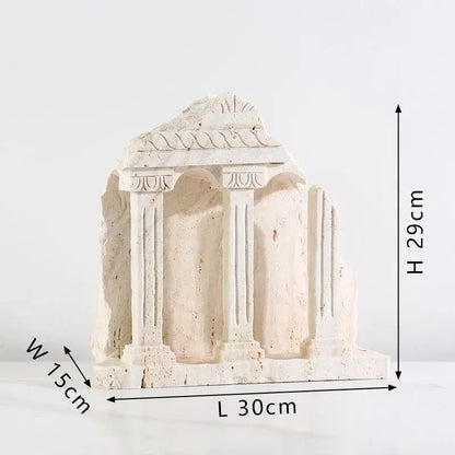 Beige stone ancient greek roman temple bookends with carved columns for elegant home decor and living room use