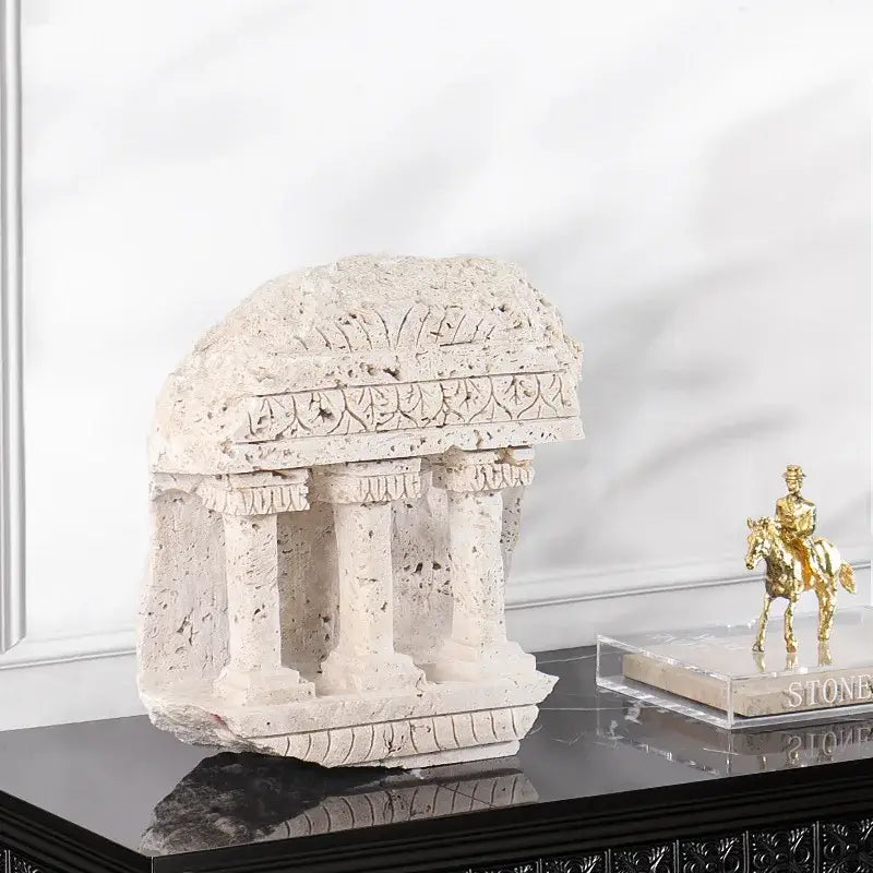 Cream-colored stone ancient greek roman temple bookends with carved columns and friezes for home decor
