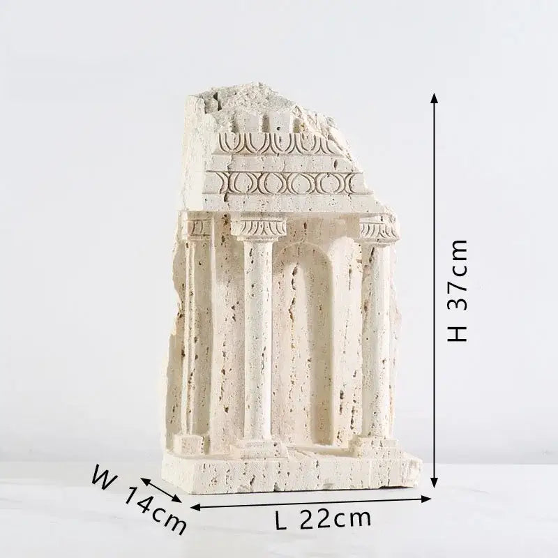 Cream-colored stone ancient greek roman temple bookends with carved columns and friezes for home decor