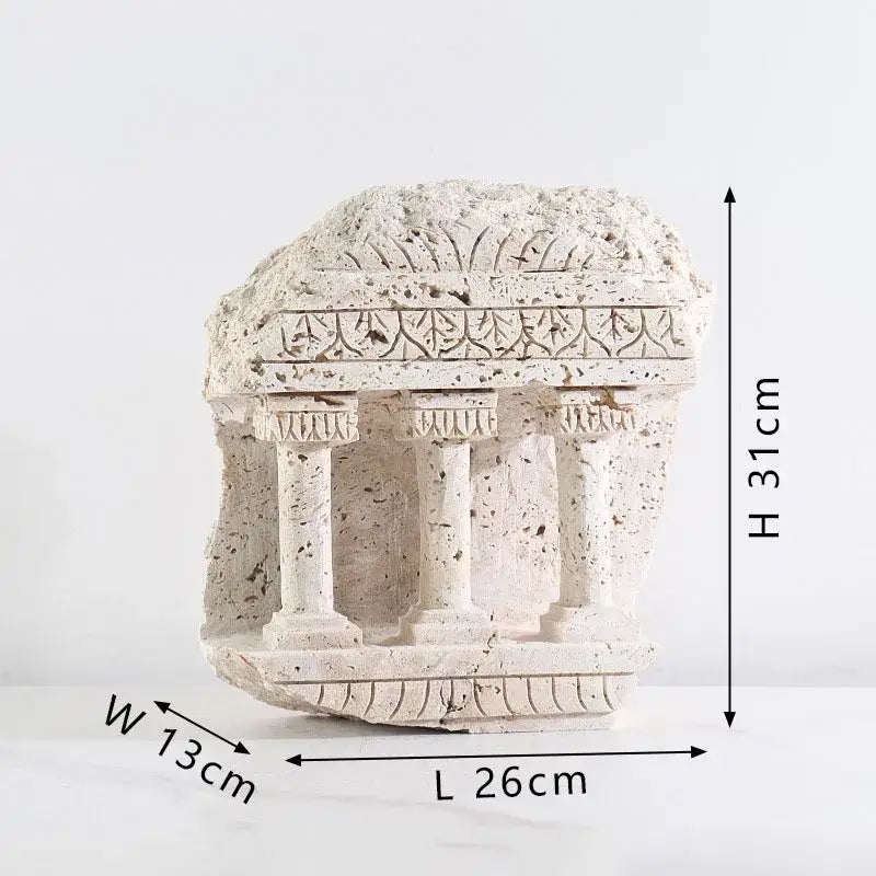 A weathered off-white stone replica of ancient greek roman temple bookends with carved columns for home decor