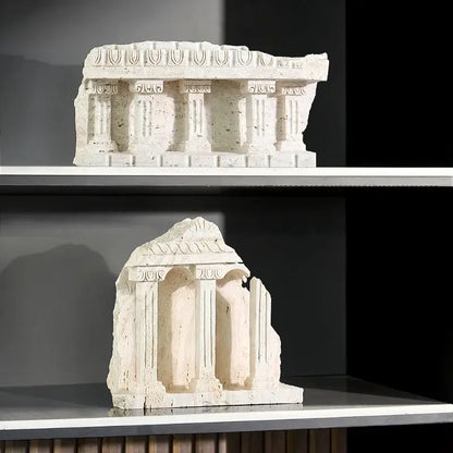 White stone replica of ancient greek roman temple facade bookends with carved columns for home decor display