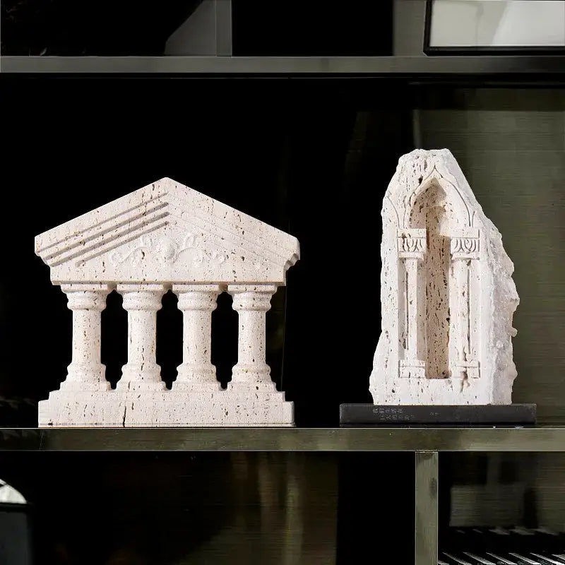 White textured stone ancient greek roman temple bookends resembling classical ruins for home decor and living room use