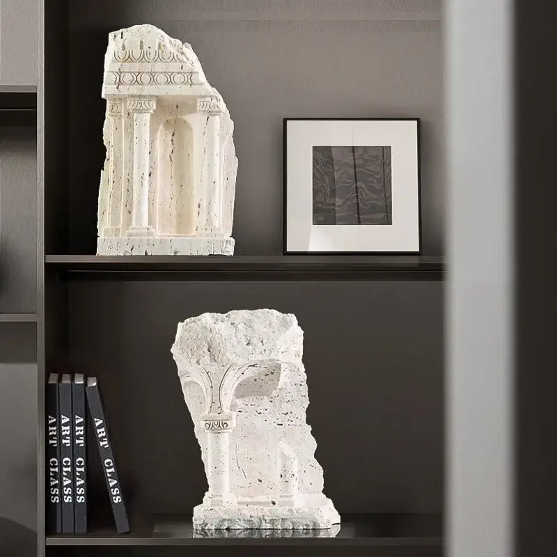 White textured stone replica of ancient greek roman architectural fragment bookend for home decor use