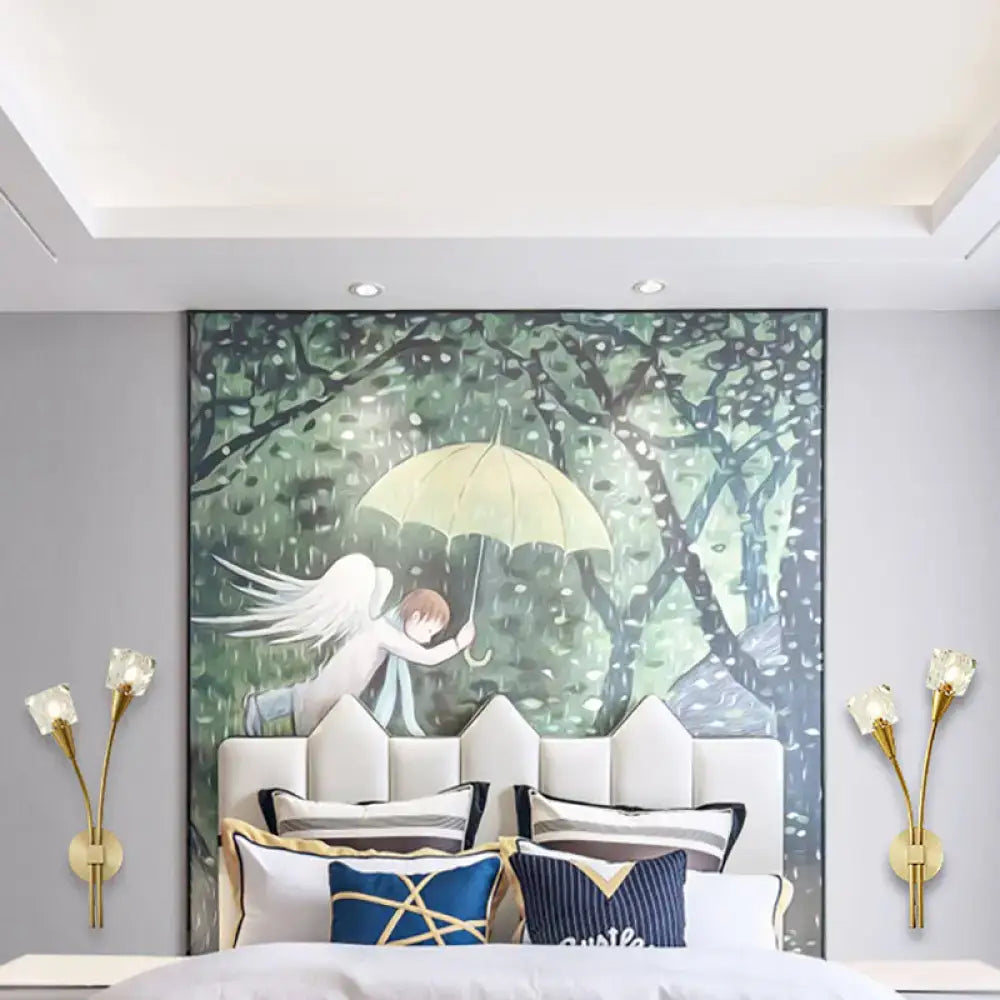 Angel with umbrella forest wall art e12 framed decor featuring an angel with white wings holding a yellow umbrella in rain