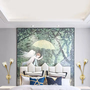 Angel with umbrella forest wall art e12 framed decor featuring an angel with white wings holding a yellow umbrella in rain