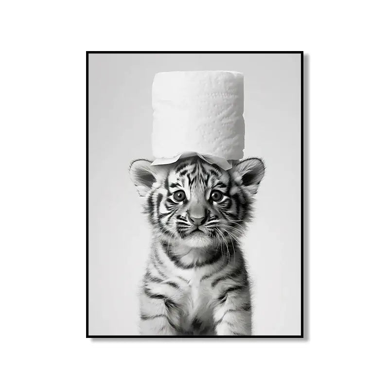 Black-and-white cute animal canvas featuring a baby tiger with striped fur wearing a toilet paper roll hat for bathroom wall art
