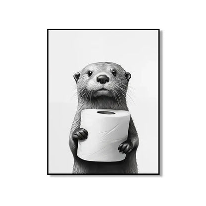 Black-and-white framed bathroom wall art featuring a cute animal cartoon otter holding toilet paper on canvas