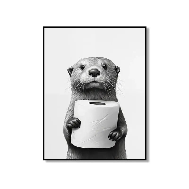 Black-and-white framed bathroom wall art featuring a cute animal cartoon otter holding toilet paper on canvas