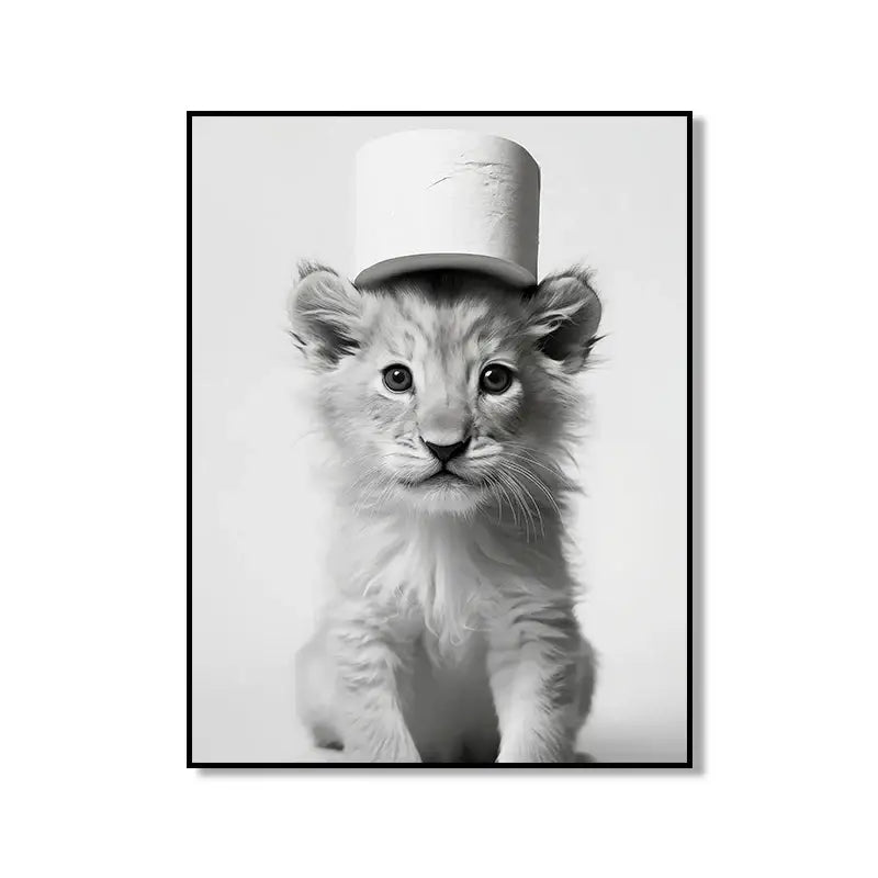 Black-and-white framed bathroom wall art featuring a cute animal lion cub wearing a toilet paper roll top hat canvas poster