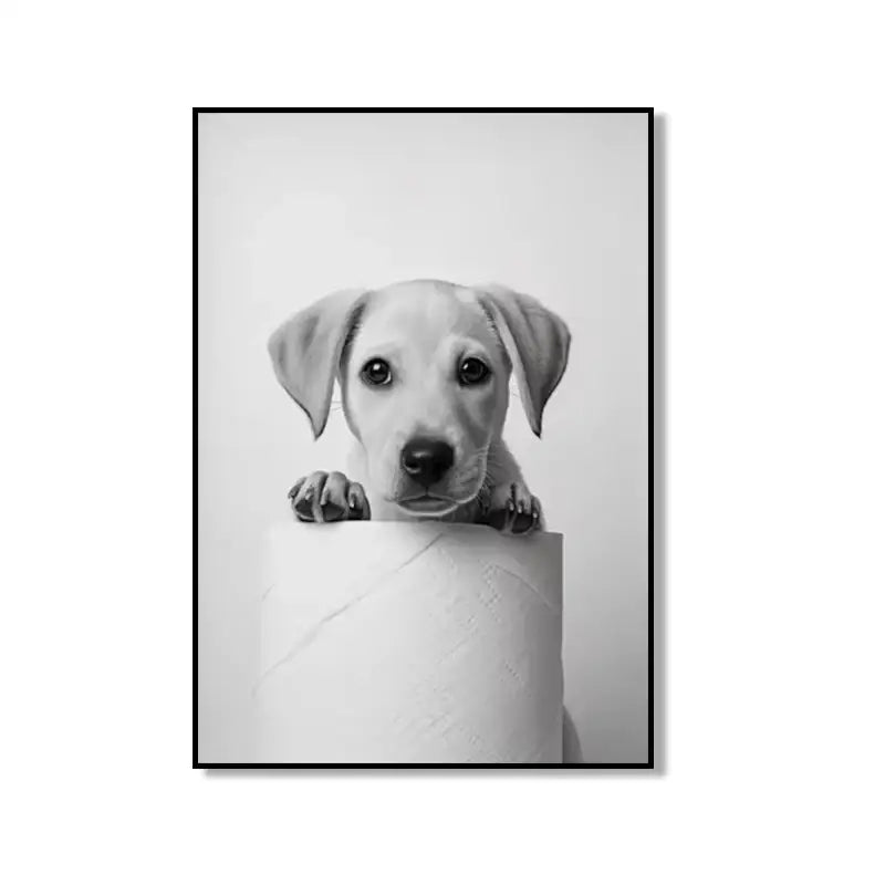 Black-and-white cute animal canvas featuring a puppy peeking over toilet paper roll for bathroom wall art decor