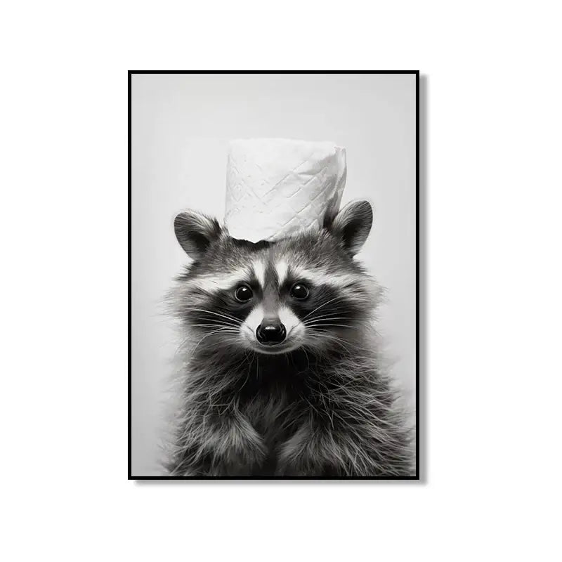 Black-and-white framed bathroom wall art of a raccoon wearing a toilet paper roll hat from DecorBites™ cute animal canvas