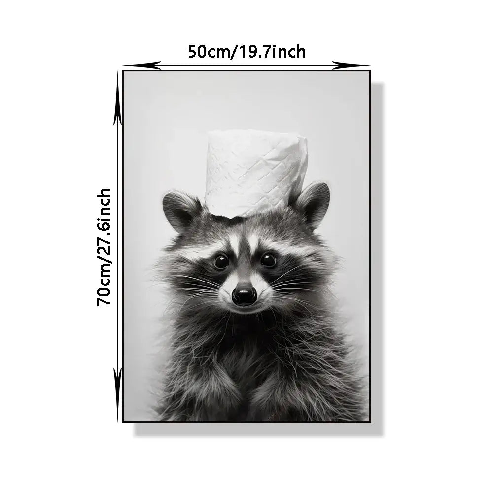 Black-and-white framed canvas print of a raccoon with toilet paper roll hat for cute animal bathroom wall art decor