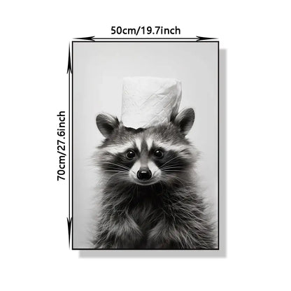 Black-and-white framed canvas print of a raccoon with toilet paper roll hat for cute animal bathroom wall art decor