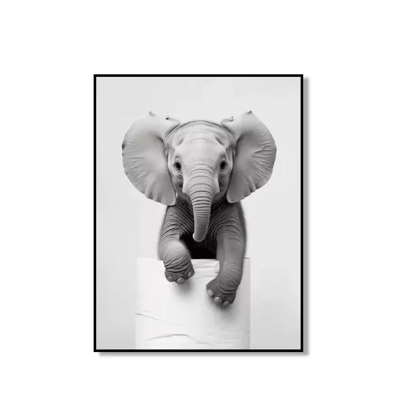 Black-framed black-and-white cute animal canvas featuring a baby elephant for bathroom wall art by DecorBites™