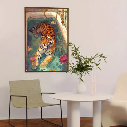 Framed DecorBites™ animal canvas art featuring a vibrant orange and black tiger in a bathtub with pink lotus flowers