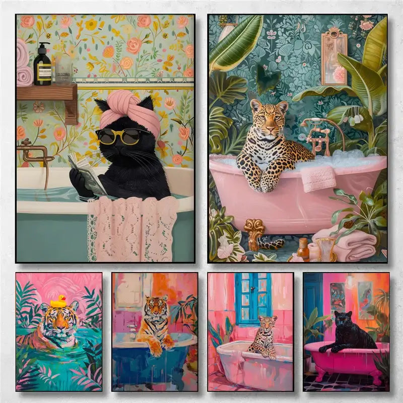 Set of six vibrant animal canvas paintings featuring black cats and leopards in colorful bathtubs for bathroom decor