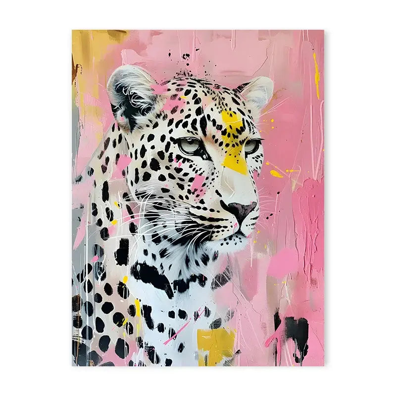 Decorbites™ animal canvas painting featuring a vibrant pop-art leopard with black spots and bold paint splatters