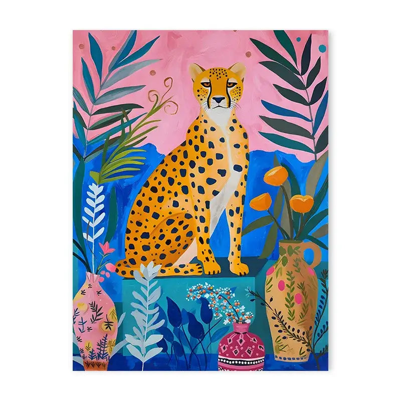 DecorBites™ animal canvas painting features a golden-yellow cheetah with black spots amid foliage for bathroom wall art