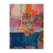 Decorbites™ animal canvas painting featuring a vibrant tiger in a blue bathtub for bathroom wall art decor