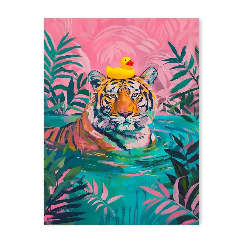Decorbites™ animal canvas painting featuring a vibrant tiger swimming in turquoise water for bathroom wall art