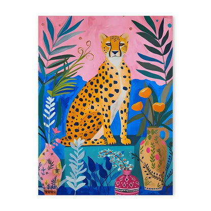 A vibrant golden-yellow cheetah with black spots in a stylized animal canvas painting by DecorBites for home decor