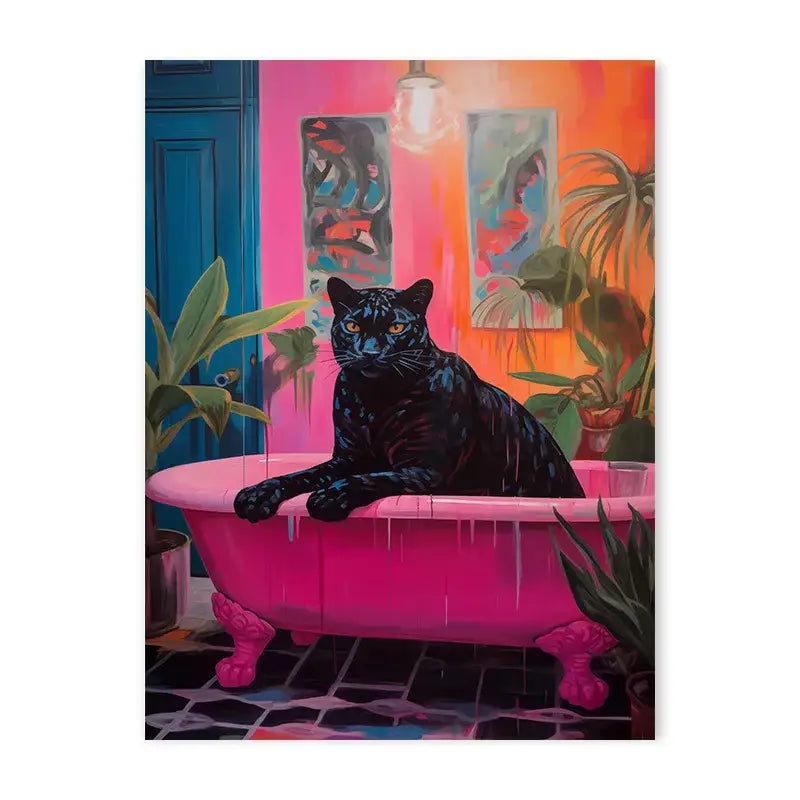 Decorbites™ animal canvas painting of a black panther with amber eyes in a pink bathtub for home decor