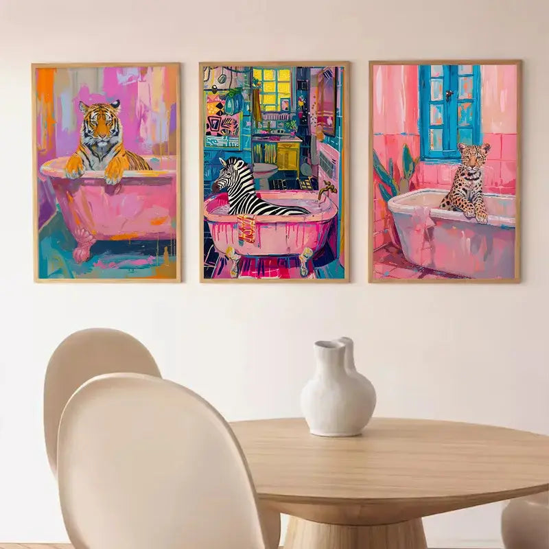 Set of three vibrant animal canvas paintings featuring animals in pink bathtubs for colorful home decor