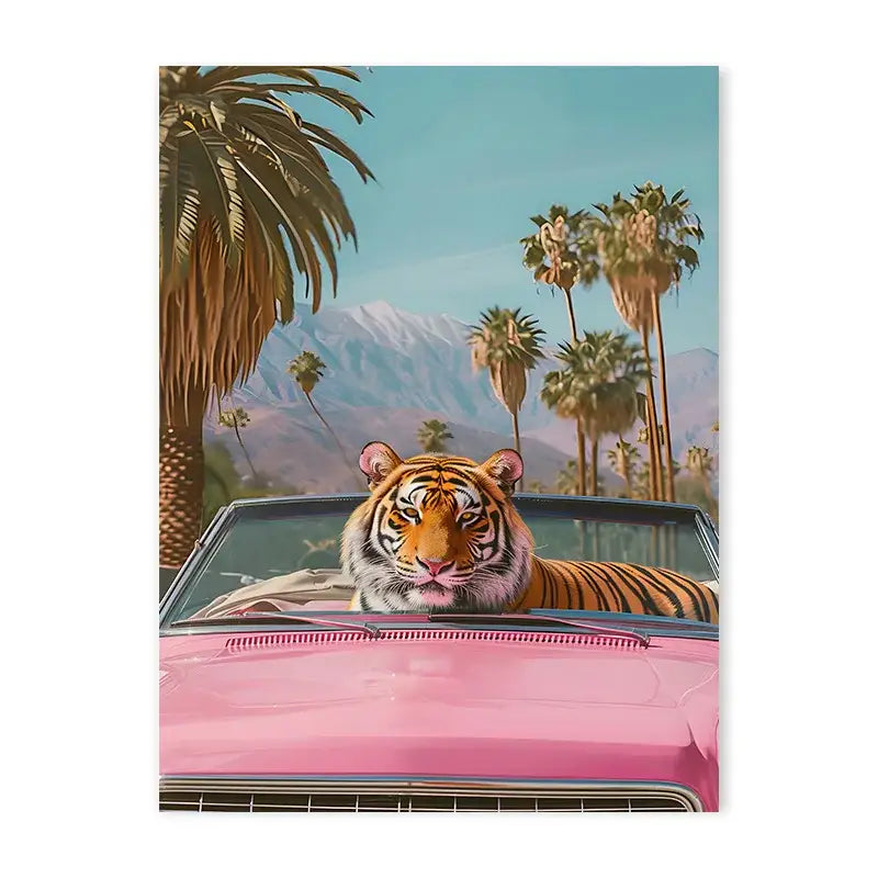 Vibrant pink convertible with a tiger on hood in DecorBites™ animal canvas painting for unique home decor
