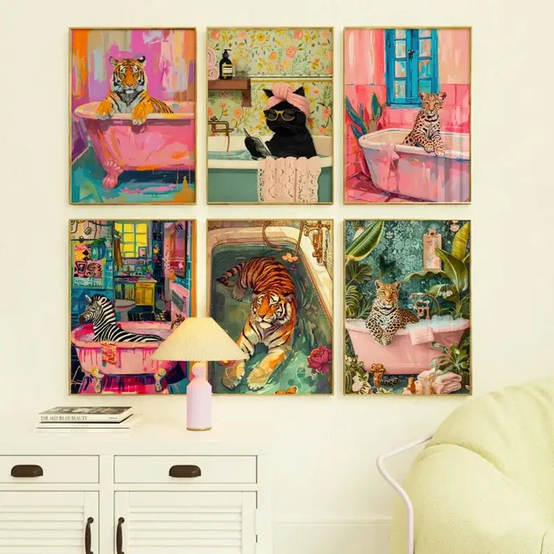 Set of six vibrant nordic canvas paintings by DecorBites featuring animal-themed bathtub scenes in pink teal and orange for living room decor