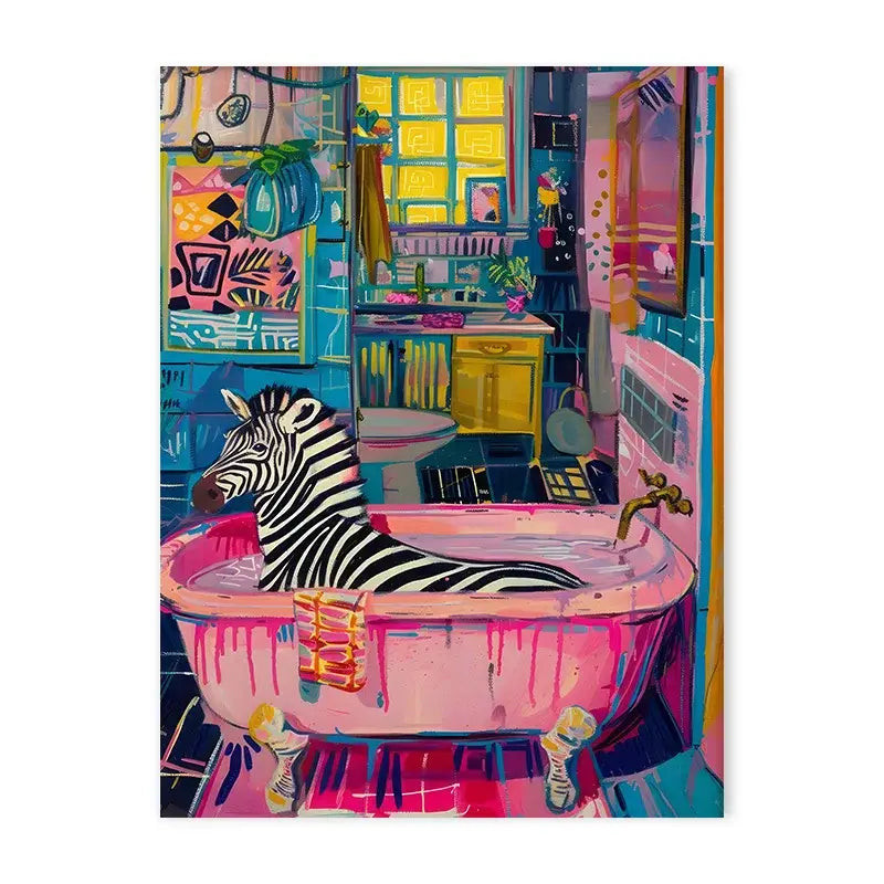 Decorbites™ animal-themed nordic canvas painting featuring a pink clawfoot bathtub and zebra for bathroom or living room decor